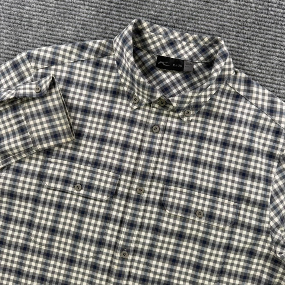 KJUS Circle Shirt Mens 52 Large Golf Navy White Plaid Button Down Long Sleeve